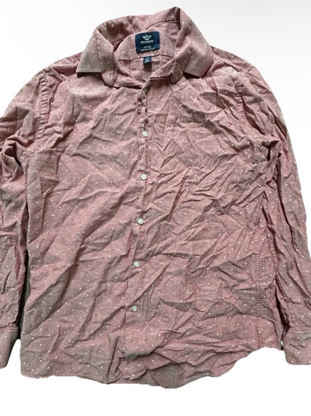 Men’s Dockers Red White Polka Dotted Button Down Fitted Shirt Size Medium
